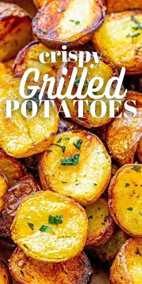 picture of grilled potatoes in a wood platter topped with herbs and salt Fried Potatoes On The Grill, Cheesy Potatoes On The Grill, Cheesy Grilled Potatoes, Crispy Grilled Potatoes, Easy Grilling Sides Dishes, Grilled Russet Potatoes, Skewered Potatoes On The Grill, Seasoned Potatoes On The Grill, Easy Potatoes On The Grill