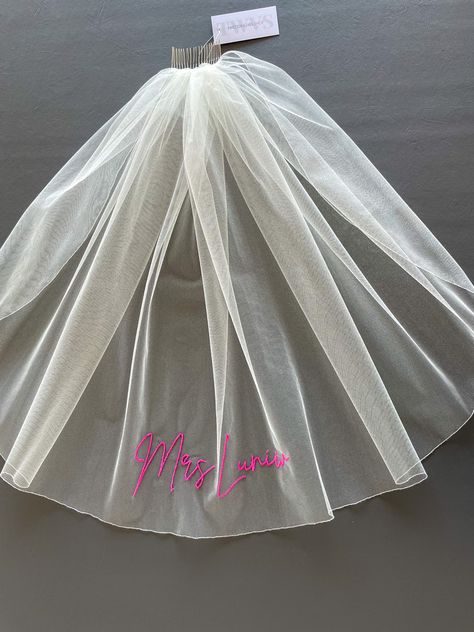 Your new surname in hot pink thread on a short party veil Short Veil Bachelorette, Short Dress Short Veil, Hot Pink Bridal Veil, Short Poofy Veil, Pink Veil Bachelorette, Party Veil, Cathedral Bridal Veils, Short Veil, Lace Veils