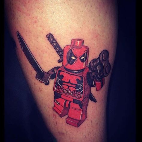 lego-tattoo-deadpool Lego Tattoo Ideas, Lego Tattoo, Ninja Tattoo, Lego Deadpool, Deadpool Tattoo, Spiderman Tattoo, Special Tattoos, Graffiti Tattoo, Marvel Tattoos