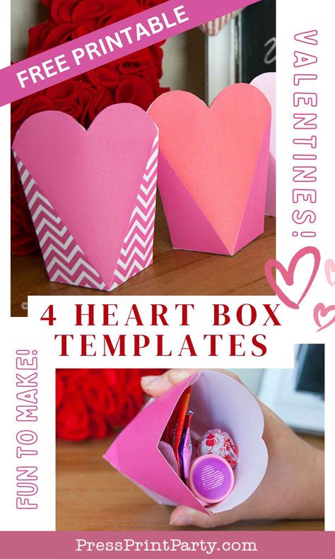 4 Free Heart Box Template Printables for Valentine's Day -Celebrate Valentine's Day in style with this adorable set of free heart box template printables to hold that special, sweet, little gift! Each template is uniquely designed to hold all sorts of little gifts and surprises, making them a versatile and fun way to spread the love. The download is a PDF file with all 4 paper heart box templates - Great for kids classroom gifts or Galentine's day favors - Press Print Party! Valentine Treat Boxes Ideas, Heart Box Template, Gift Box Template Free, Ring Pop Valentine, Dinosaur Valentine Cards, Printable Heart Template, Straw Valentine, Valentine Template, Valentines Day Baskets