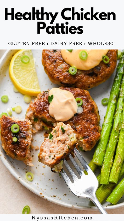 These healthy chicken patties are a delicious protein rich Whole30 dinner option! Made with ground chicken, flavorful spices, green onions, and fresh herbs. Perfect on their own or served with a big green salad or side vegetable. Whole30, gluten free, dairy free, keto, low carb. Protein Rich Dinner, Chicken Burgers Healthy, Gluten Free Dairy Free Keto, Chicken Patty Recipes, Ground Chicken Burgers, Simple Sides, Healthy Flour, Dairy Free Keto, Whole30 Dinner Recipes