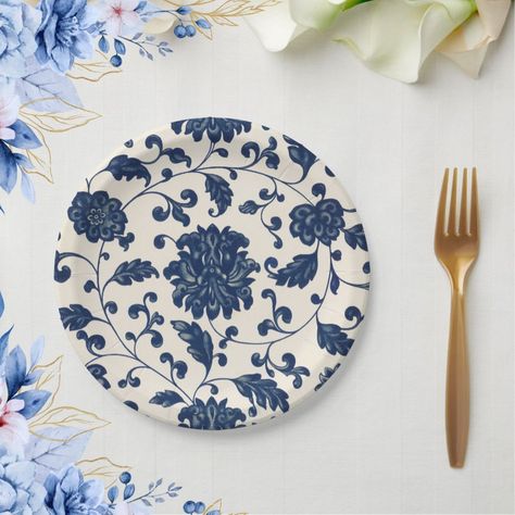 Vintage Blue + White Swirling Botanical Floral Floral Paper Plates, Blue White Decor, Floral Paper, White Decor, Paper Plates, Vintage Shops, Blue White, Blue And White, Created By