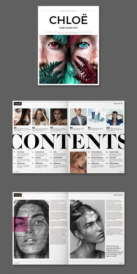 Fashion Magazine Template InDesign INDD Indesign Cover Page, Indesign Design Ideas, Editors Page Magazine Layout, Book Magazine Cover, Magazine Index Page Design, Magazine Layout Ideas Graphic Designers, Fashion Magazine Inspiration, Graphic Designer Inspiration, Fashion Editorial Magazine Layout