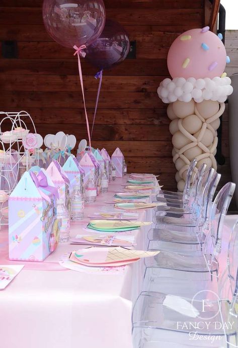 Candy Wonderland | CatchMyParty.com Candy Wonderland Party Ideas, Candy Land 1st Birthday Party, Pastel Candyland Birthday Party, Candy Party Table, Candy Shop Party, Candy Party Ideas, Candy Wonderland, Ice Cream Party Ideas, Candy Theme Birthday Party