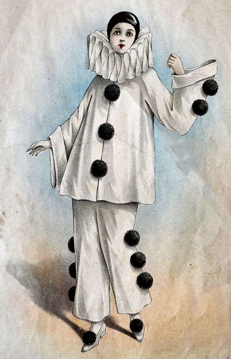 Pierrot And Pierrette, Harlequin Aesthetic, Mime Character Design, Pierott Clown, French Mime, French Clown, Pierrot Costume, Black And White Clown, Harlequin Costume