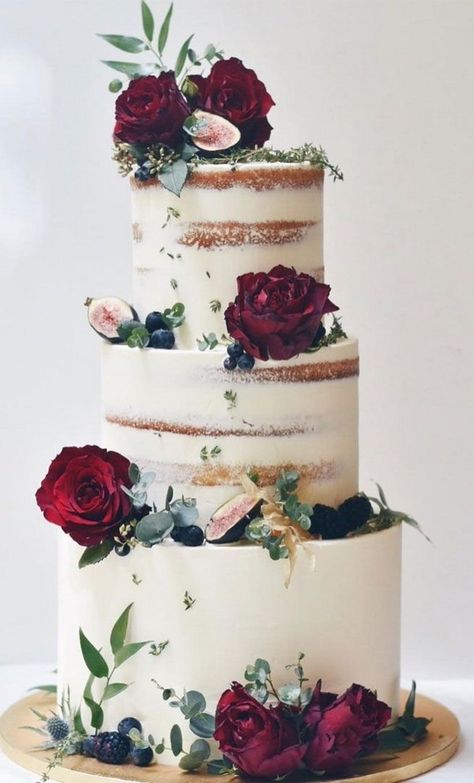 Rustic country naked wedding cakes #wedding #weddingideas #rusticwedding #weddingcakes #cakes Seminaked Wedding Cake, Wedding Cake Two Tier, Autumn Wedding Cake, Vintage Pasta, Burgundy Wedding Cake, Country Wedding Cakes, Winter Wedding Cake, Tiered Cake, Wedding Cakes Blue