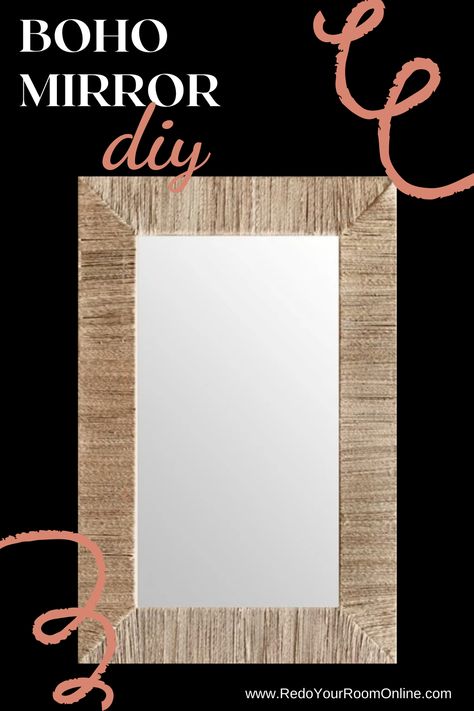 Our hallway mirror almost didn’t survive our hallway makeover, but the almost mishap turned out to be a blessing in disguise since it allowed me to pivot and come up with a plan B to save it from the trash. I came up with this boho mirror DIY project and I’m in love with how my mirror turned out!! Repin and click to see the steps for the DIY project. Rectangle Mirror Makeover Diy, Cork Mirror Frame Diy, Diy Bamboo Mirror Frame, Wall Mirror Redo Diy, How To Update A Mirror, Jute Rope Mirror Diy, Square Mirror Makeover Diy, Square Boho Mirror Diy, Diy Wall Mirror Decor