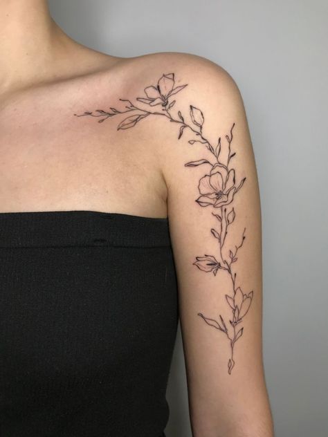 Apple Blossom Tattoo Black And White, Big Arm Tattoos Women, Apple Blossom Tattoo, Apple Blossom Tattoos, Charlotte Tattoo, Flower Tattoo Ideas, Tattoo Shoulder, Pretty Hand Tattoos, Sick Tattoo