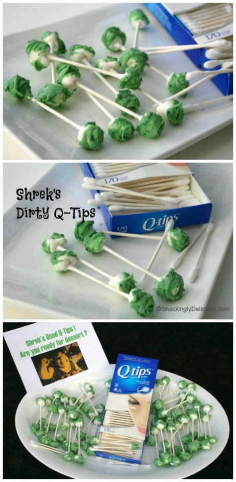 How to make Shrek's Dirty Q-Tips for a suitably disgusting Halloween party dessert that will have people shuddering | ShockinglyDelicious.com Shrek Birthday Party Decorations Diy, Shrek Snacks, Gross Recipes, Festive Dessert Recipes, Halloween Party Desserts, Shrek Party, Spooky Sweets, Kids Halloween Food, Halloween Foods