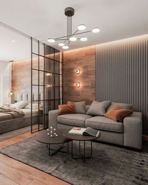 Living Room And Bedroom Combo, Glass Wall Design, Studio Apartment Living, Condo Interior Design, Small Apartment Interior, Condo Interior, Deco Studio, Glass Interior, Small Apartment Design