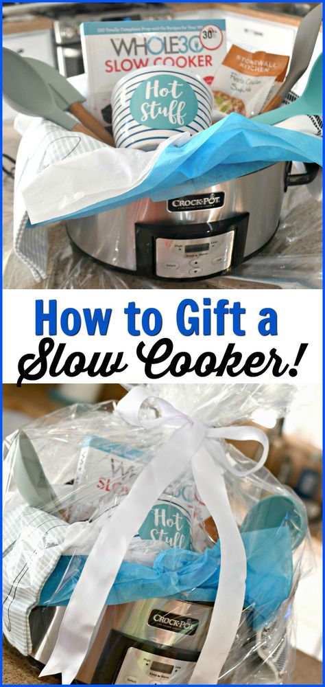 Easy DIY Gift: Make This Gorgeous Slow Cooker Gift Basket Fun Raffle Baskets, Crockpot Baskets Gift Ideas, Fun Raffle Basket Ideas, Raffle Set Up Ideas, Crockpot Gift Basket, Crockpot Raffle Basket Ideas, Slow Cooker Gift Basket Ideas, Crock Pot Gift Basket Ideas, Crockpot Gift Basket Ideas