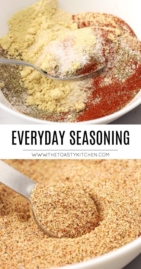 Everyday seasoning is a salty and flavorful savory seasoning mix that goes with pretty much everything. It's like an amped up version of salt and pepper. Use it to season chicken, beef, pork, or even roasted vegetables. Pickled Recipes, Homemade Dry Mixes, Dry Rub Recipes, Homemade Spice Mix, Spice Blends Recipes, Spice Mix Recipes, Homemade Spice Blends, Seasoning And Spice, Diy Spices