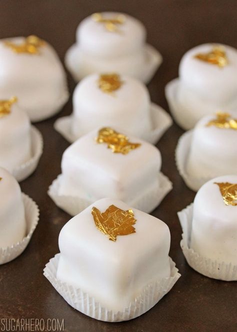 Gold Dotted Petit Fours | Community Post: Because Why Wouldn't You Want To Top Your Dessert With Gold? Gold Desserts, Petit Four Recipes, Cream Cheese Pound Cake, Cake Supplies, Edible Gold, Chocolate Dessert, Pound Cake Recipes, Raspberry Jam, Eclairs