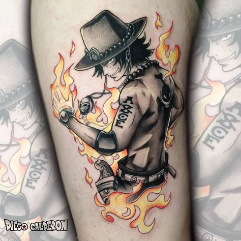 Ace Tattoo One Piece, Spain Tattoo, Fantastic Tattoo, Anime Tattoo Ideas, One Piece Tattoo, Ace Tattoo, Gamer Tattoos, Ace One Piece, Spartan Tattoo