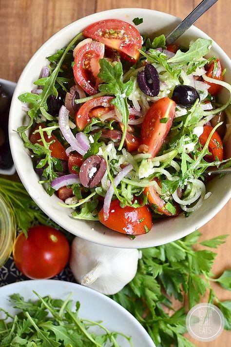 Salad Coleslaw, Greek Cucumber, Salad Arugula, Salad Greek, Greek Salad Recipe, Eat Greek, Arugula Salad Recipes, Iowa Girl Eats, Spiralizer Recipes