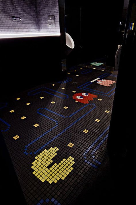 Epic. Pac Man Bathroom Mosaic Tile at Ground Kontrol Classic Arcade in Portland Oregon Gamer Room Diy, Jessica Helgerson, Man Bathroom, Mens Bathroom, Arcade Bar, Gaming Lounge, Arcade Room, Mosaic Floor Tile, Mosaic Bathroom