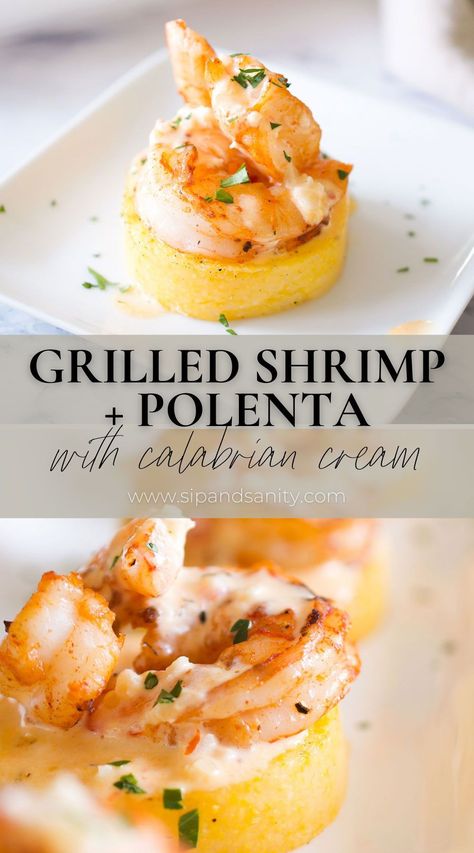 Grilled Shrimp + Polenta with Calabrian Chili Cream Sauce requires little effort but makes a big impact! It’s an quick, easy and delightfully delicious appetizer…everyone will think you’re so fancy! When you pair ‘shortcut’ polenta with quick-cooking shrimp, and a spicy sauce that comes together in mere minutes, you’ve got an elevated appetizer that will wow your guests (with nary a bead of perspiration forming on your brow)! Shrimp Amuse Bouche, Garlic Shrimp Crostini With Avocado, Bbq Shrimp Appetizer, Prawn Appetizers Fine Dining, Shrimp Shooters Appetizers, Polenta Bites Appetizers, Thanksgiving Shrimp Appetizer, Shrimp And Polenta Cakes, Elegant Seafood Appetizers