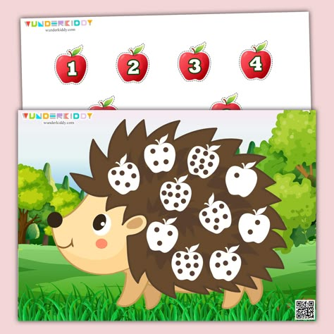 Printable Hedgehog Number Matching Math Preschool Worksheet Forest Animal Activities, Kids Critical Thinking, Hedgehog Day, Number Activities Preschool, Math Preschool, Printable Games For Kids, Pattern Activities, Preschool Math Worksheets, White Apple