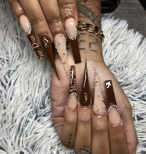 Square Nails Brown, Long Nails French, Brown Nail Ideas, Nails Gems, Dior Print, Acrylic Nails Long, Dior Nails, Acrylic Nails Stiletto, Flamingo Nails