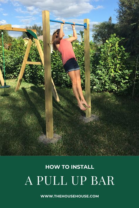 Been having to work out at home lately?  Here is how we installed a pull up bar in our yard to use in our workouts.  It is fairly easy to do. Diy Pull Up Bar Backyards, How To Build A Pull Up Bar, Outdoor Gymnastics Bar, Outdoor Pullup Bar, Outdoor Pull Up Bar Diy, Backyard Workout Area, Pull Up Bar Diy, Homemade Pull Up Bar, Outdoor Pull Up Bar