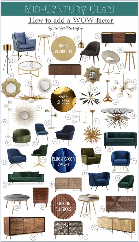 Add a little glamour: chairs with brass legs, velvet sofas in lush, shimmering colors and wooow-lamps and mirrors in typical mid-century shapes. Living Room Glam, Mid Century Glam, Modern Glam Living Room, Mid Century Interior Design, Colorful Mid Century Modern, Mid Century Modern Interior Design, Glam Furniture, Midcentury Style, Mid Century Interior