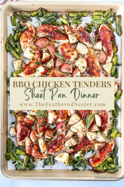 Oven baked BBQ chicken tenders is a scrumptious meal! Make this chicken sheet pan recipe for an easy dinner with very little to clean up! Chicken Tender Sheet Pan Recipes, Chicken Tenders Sheet Pan Dinner, Chicken Tenderloin Dinner Recipes, Bbq Sheet Pan Chicken, Sheet Pan Barbecue Chicken, Sheet Pan Barbecue Chicken Dinner, Chicken Tenderloin Sheet Pan Recipes, Chicken Tender Sheet Pan Dinner, Chicken Broccoli Sheet Pan Dinner