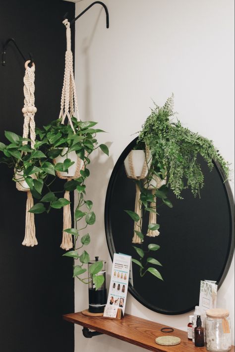 Boho salon My Salon Suite Bohemian, Salon Greenery, Black Boho Salon, Black And White Boho Office, Green And Black Salon, Black And Green Esthetician Room, Small Space Nail Salon Ideas, Boho Tattoo Studio, Boho Style Salon