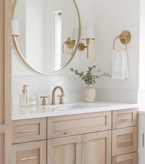 Studio Mcgee Bathroom Ideas, 2024 Color Palette, Gold Bathroom Fixtures, Jade Design, Oak Bathroom, Primary Bath, Wood Bathroom Vanity, Bathroom Redesign, Master Bath Remodel