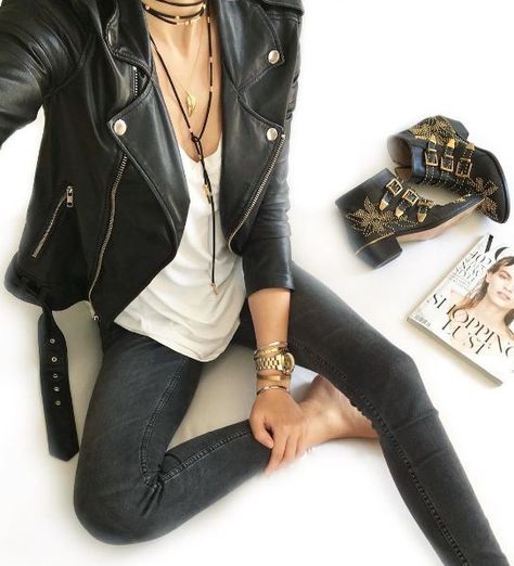 Black Leather Jacket Outfit, Jacket Outfit Women, Rock N Roll Style, Look Rock, Rock Outfit, Edgy Chic, Biker Chic, Style Rock, Leather Jacket Outfits