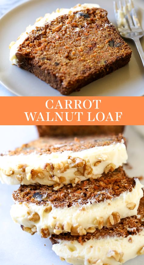 Carrot Cake in LOAF FORM! This Carrot Walnut Bread with Cream Cheese frosting is moist, tender, and easy to make. The best spring or Easter recipe for a crowd! #carrotcake #carrotbread #loaf #creamcheesefrosting Carrot Cake Loaf Recipe, Carrot Cake Bread, Carrot And Walnut Cake, Walnut Loaf, Carrot Cake Loaf, Bread With Cream Cheese, Recipe For A Crowd, Carrot Bread, Pane Dolce