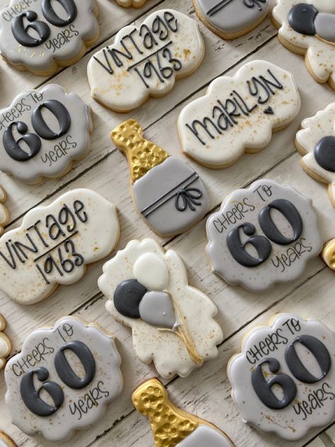 60th Cookies Birthday For Men, 70th Birthday Party Cookies, Cheers To 60 Years Cookies, 60th Birthday Party Cookies, 50 Th Birthday Cookies, 60th Birthday Dessert Table Ideas, 60 Cookies Birthday, 60th Birthday Cookie Ideas, 60th Birthday Decorated Cookies