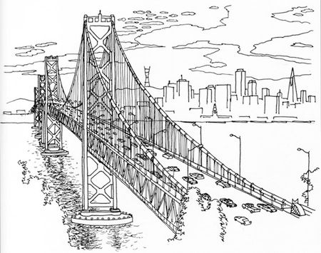 line art of bay bridge (old span) Golden Gate Bridge Drawing, California Drawing, Bridge Tattoo, Ink Wallpaper, Bridge Drawing, Illustration Design Inspiration, Bridge Art, E Ink, Sketchbook Illustration