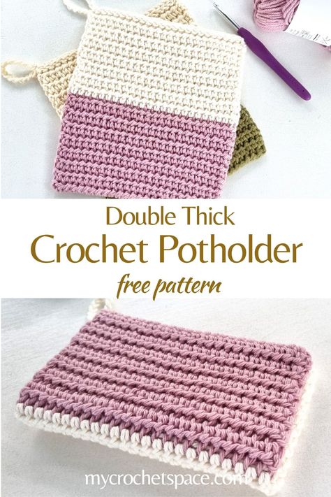 Crochet Double Thick Potholder, Thermal Stitch In The Round, Double Thick Crochet Potholder Pattern, Pot Holder Patterns Free, Thermal Stitch Potholder, Crochet Trivet, Crocheted Potholders, Thermal Stitch, Crochet Space