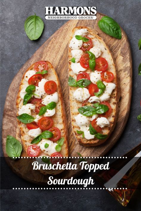 Harmons Grocery Recipe 🍞🍅🌱  INGREDIENTS: 4 tomatoes, diced 2 cloves garlic, minced Small handful basil, chiffonade 3 Tbsp extra-virgin olive oil 1/4 cup finely grated parmesan 1 Tbsp balsamic vinegar reduction Salt and freshly ground pepper 1 loaf sourdough bread  #MyHarmons #recipe #utah #utahfood Bruschetta Ideas, Loaf Sourdough Bread, Utah Food, Basil Olive Oil, Vacation Meals, Easy Lunch Recipes, Easy Lunch, Recipe Ingredients, Eating Recipes