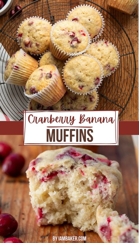 the first image shows many muffins on a wire rack on a wooden countertop. The second image shows half of a muffin on a wood surface with a few cranberries around it. Cranberry Muffins Recipes, Cranberry Banana Muffins, Banana Cranberry Muffins, Holiday Muffins, Cranberry Oatmeal Muffins, Lemon Cranberry Muffins, Cranberry Recipes Muffins, Mini Muffin Recipe, Cranberry Jelly