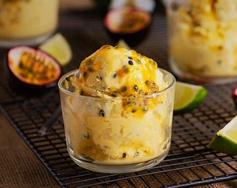 Coconut Ice Cream Dessert, Albertville Alabama, Passion Fruit Ice Cream, Roasted Coconut, Passionfruit Recipes, Coconut Shavings, Diary Free, Fruit Ice Cream, Coconut Desserts