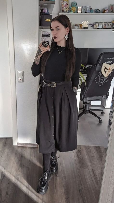 32 Wearable Gothic Work Outfit Ideas To Check Gothic Smart Casual, Prep Goth Aesthetic, Goth Work Attire, Goth Nerd Aesthetic, Library Goth Outfit, Emo Professional Outfit, Black Loafer Outfits Women Casual, Witchy Office Outfit, Gothic Teacher Outfit