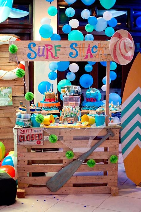 Kara's Party Ideas Surfing Birthday Party | Kara's Party Ideas Surfing Birthday Party, Games Party Ideas, Surfer Party, Surf Birthday Party, Deco Surf, Surf Birthday, Pool Party Kids, Surf Party, Hawaiian Party Decorations