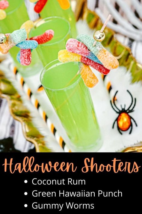 Looking for a tasty drink idea for the 21+ crowd for Halloween? You have to check out this awesome recipe! Just 3 ingredients including the garnish, it's a sweet drink that looks FABULOUSLY CREEPY! Grab some double shot glasses along with coconut rum and green berry rush to create these electric green shooters! Garnish with SOUR gummy worms for the perfect final touch! #recipe #halloween #mamacheaps Halloween Shooters, Sour Worms, Sour Gummy Worms, Halloween Shots, Gummy Worm, Halloween Cocktail, Cocktail Shots, Hawaiian Punch, Gummy Worms