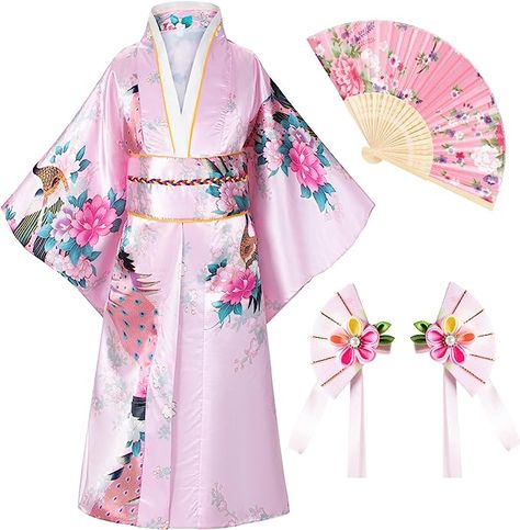 Japanese traditional flower kawaii kimono dress for girls kids Suit for: Daily wear ,Children party dress,Fun as birthday or holiday gifts,Halloween party uniforms, Cosplay party uniforms. A great costume or gift for festival and so on This kids girls kimono gown robe with classic traditional Japanese style will provide you a soft and comfortable experience.Luxurious silky feel and look, It is light weight and airy and satin soft to the touch. Comfortable to wear. Japanese Kimono Dress, Japanese Kids, Kimono Gown, Japanese Costume, Baby Costumes Girl, Folding Fans, My Little Pony Costume, Dress Kimono, Children Party