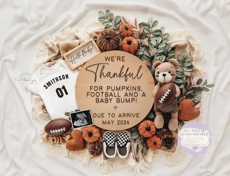 You will love this Thanksgiving Pregnancy Announcement, perfect for Fall, these Digital Baby Announcement are Editable. Use our Template for an Instant Download. Girl Gender Reveal Boy football bump Gender Reveal Boy, Fall Baby Announcement, Thanksgiving Pregnancy Announcement, Fall Pregnancy, Digital Baby Announcement, Fall Pregnancy Announcement, Digital Pregnancy Announcement, Boy Gender Reveal, Girl Gender Reveal