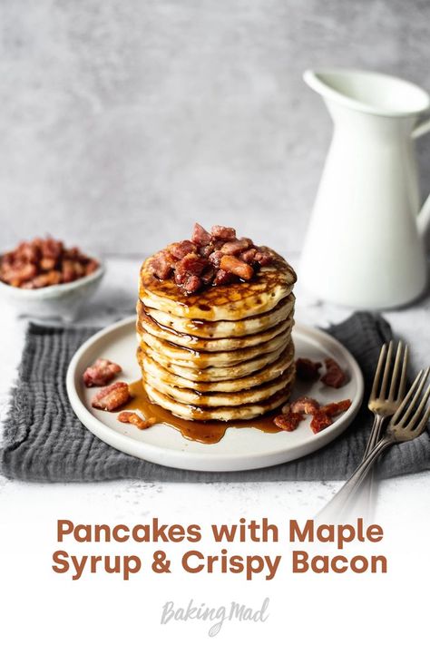 These delicious light fluffy pancakes served with crispy bacon and drizzled with maple syrup are a great breakfast treat or simply served for dinner as a savoury alternative to the traditional pancake enjoyed on Shrove Tuesday Shrove Tuesday Recipes, Light Fluffy Pancakes, Bacon Maple Syrup, Light And Fluffy Pancakes, Pancakes And Bacon, Shrove Tuesday, Bacon Recipe, Maple Bacon, Fluffy Pancakes