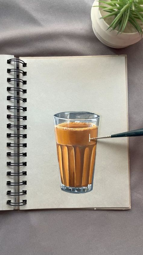 Chai Glass Painting, Watercolor 3d Painting, Realistic Drawings Of Food, Chai Canvas Painting, Still Life Drawing Acrylic, Gouache Realistic Painting, Acrylic Paint Still Life, Easy Realistic Paintings Acrylic, Realistic Object Painting