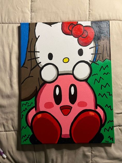 Good Painting Ideas Easy Canvas, Spongebob Canvas Art, Drawing Ideas On Canvas, Kirby Painting, Y2k Canvas Painting, Cute Paintings On Canvas, Pink Painting Ideas On Canvas, Painting Ideas Canvas, Hello Kitty Painting