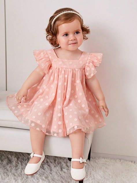 Baby Pink  Collar Cap Sleeve Mesh Fabric Plain Smock Embellished Non-Stretch  Baby Girls Clothing Pink Baby Dress, Baby Mode, Kids Dress Patterns, Kids Dress Wear, Baby Dress Design, Baby Dress Patterns