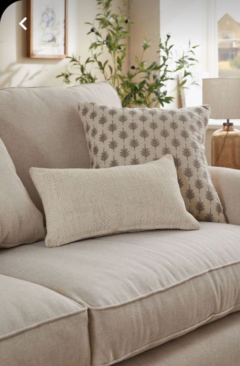 Cream Cushions Living Rooms, Linen Cushions Living Room, Grey Cushions Living Room, Cushion Sofa Ideas, Cream Sofa Cushion Ideas, Sofa Cushions Ideas, Neutral With Pop Of Color Living Room, Cushion On Sofa, Sofa Cushions Arrangement