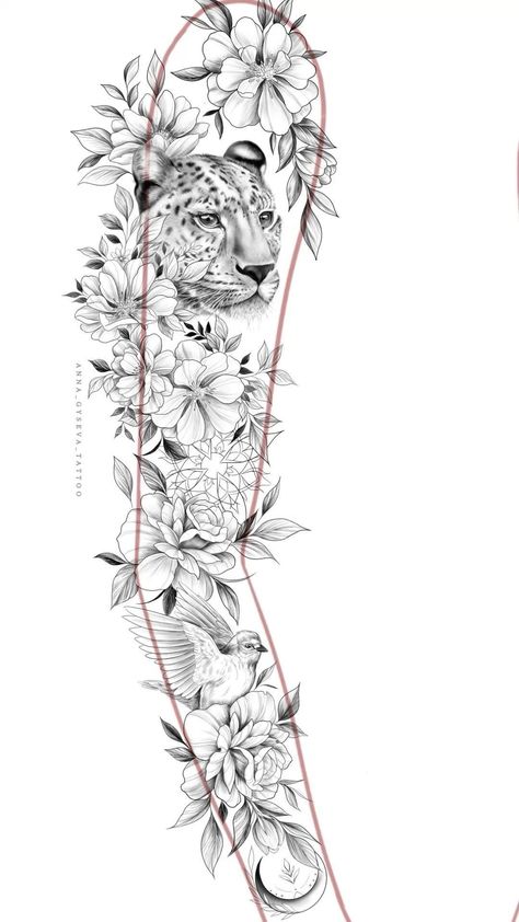 Tattoo Brazo Mujer, Tropisches Tattoo, Tattoo Leopard, Leopard Tattoo, Mangas Tattoo, Cute Thigh Tattoos, Leopard Tattoos, Mommy Tattoos, Full Arm Tattoos