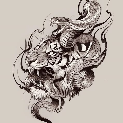 This ones up for grabs! Drop me a DM if your into it!! #tiger #tigertattoo #snake #snaketattoo Tiger And Snake Tattoo Design, Celtic Tiger Tattoo, Snake And Tiger Tattoo, Tiger Snake Tattoo, Japanese Tiger Tattoo Design, Neo Japanese Tattoo, Chest Tattoo Drawings, Japanese Snake Tattoo, Japanese Tiger Tattoo