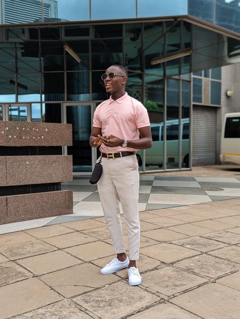 My casual dressing on a Friday Pink Shirt White Pants Outfit Men, Pink Shirt White Pants Outfit, Mens Pink Shirt Outfit, Tito Fits, Pink Shirt Outfit Men Casual, Pink Polo Shirt Outfit Men, Khaki Men Outfit, Pink Male Outfit, Pink Shirt Outfit Men