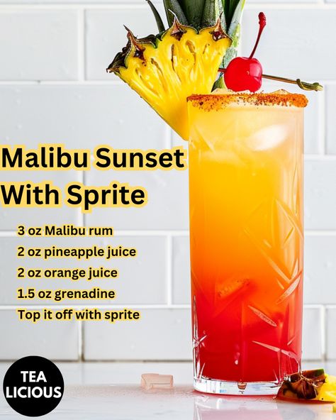 Malibu Sunset With Sprite Drinks Alcohol Recipes Malibu, Vodka And Sprite Drinks, Malibu Sunset Cocktail Recipe, Malibu Rum Drinks Recipes, Easy Mixed Drinks Alcohol, Malibu Sunset Cocktail, Malibu Mixed Drinks, Malibu Sunset, Fun Drinks Alcohol